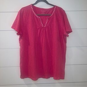 Talbots Embroidered Cotton Tee Size 1X Hot Pink Split Neck Short Sleeve Casual